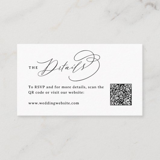 Elegant Swirl Script QR Code Wedding Details Plaatskaartje (Voorkant)