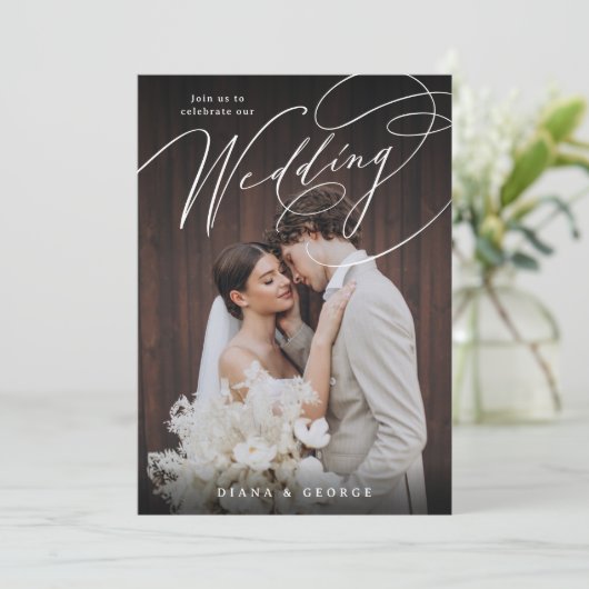 Elegant swirl script Simple Photo Wedding Kaart (Staand voorkant)
