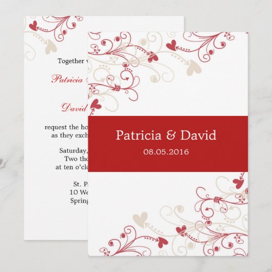 Elegant Swirl Wedding Invitations:rood en ivoor Kaart (Voorkant / Achterkant)