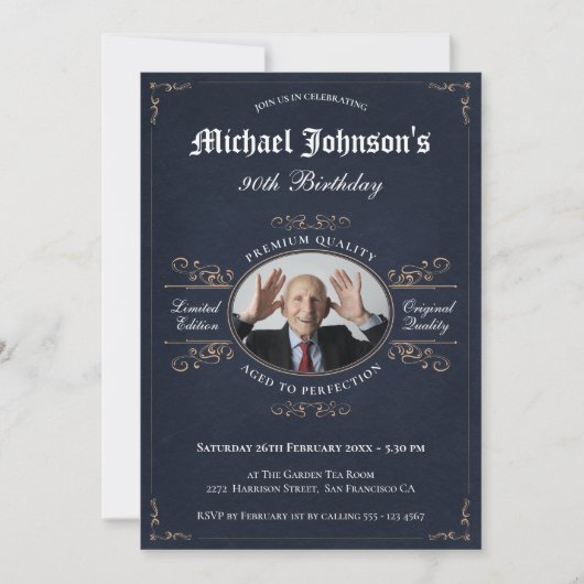 Elegant  Swirls Birthday Navy Custom Photo Kaart (Voorkant)