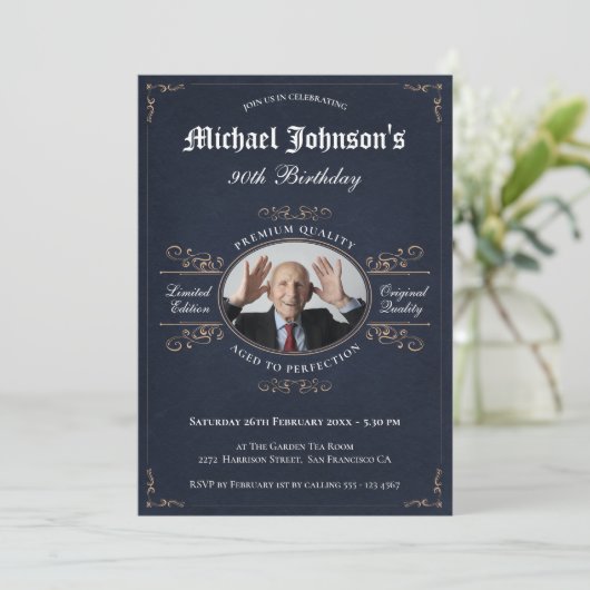 Elegant  Swirls Birthday Navy Custom Photo Kaart (Staand voorkant)
