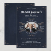 Elegant  Swirls Birthday Navy Custom Photo Kaart (Voorkant / Achterkant)