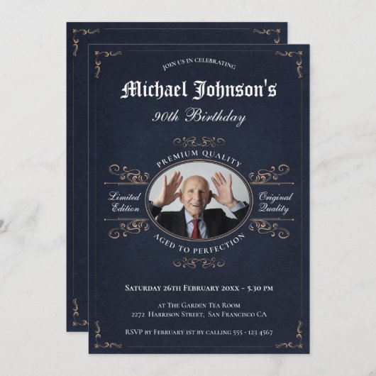 Elegant Swirls Birthday Navy Custom Photo Kaart (Voorkant / Achterkant)
