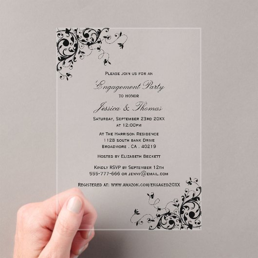 Elegant Swirls Black & White Engagement Party Acryl Uitnodigingen (Insitu (Draagbaar))
