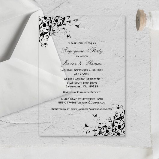 Elegant Swirls Black & White Engagement Party Acryl Uitnodigingen