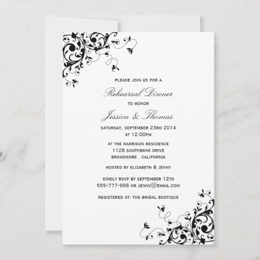 Elegant Swirls Black & White Rehearsal Dinner Kaart (Voorkant)