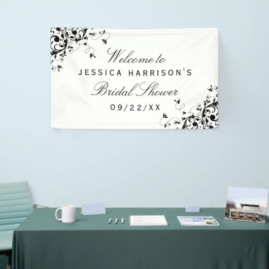 Elegant Swirls Black & White Vrijgezellenfeest Spandoek (Beurs)