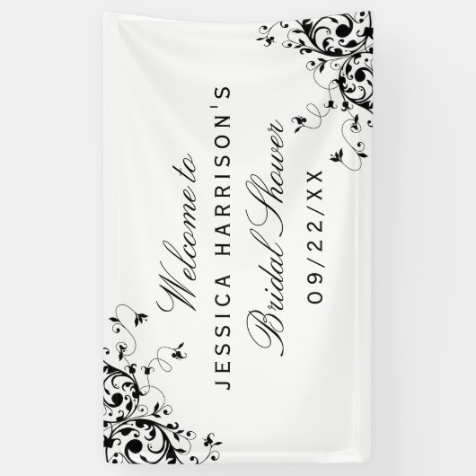 Elegant Swirls Black & White Vrijgezellenfeest Spandoek (Verticaal)