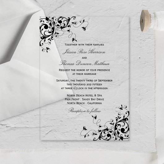 Elegant Swirls Black & White Wedding Acryl Uitnodigingen