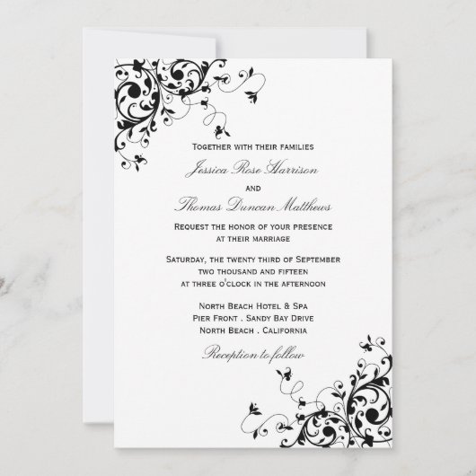 Elegant Swirls Black & White Wedding Invitations Kaart (Voorkant)