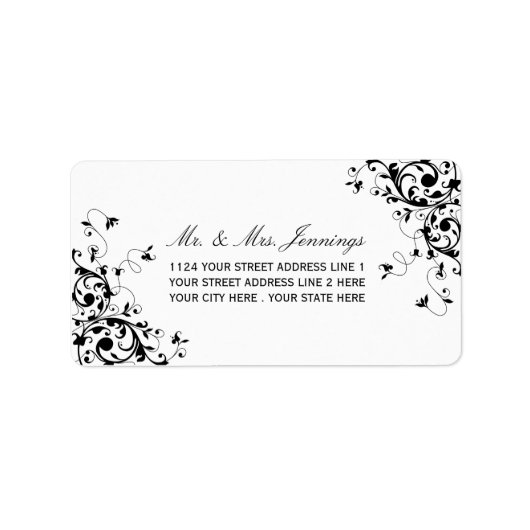 Elegant Swirls Black & White Wedding Labels (Voorkant)