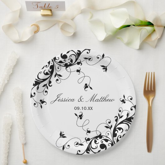 Elegant Swirls Black & White Wedding Papieren Bordje (Huwelijk)