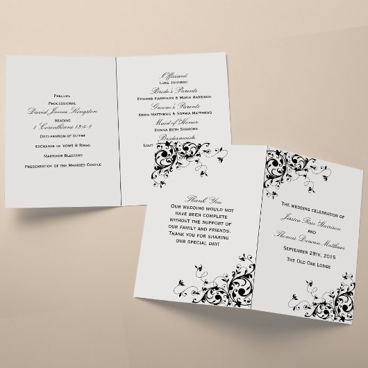 Elegant Swirls Black & White Wedding Program