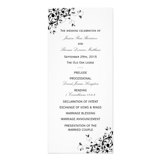 Elegant Swirls Black & White Wedding Program Reclamekaart (Voorkant)