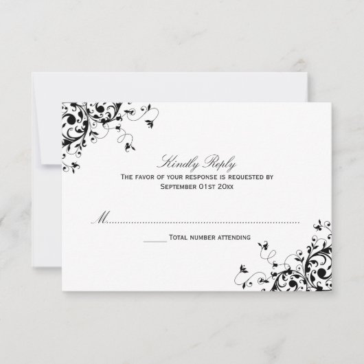 Elegant Swirls Black & White Wedding RSVP Kaarten