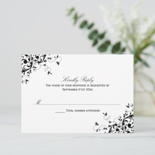 Elegant Swirls Black & White Wedding RSVP Kaarten (Staand voorkant)