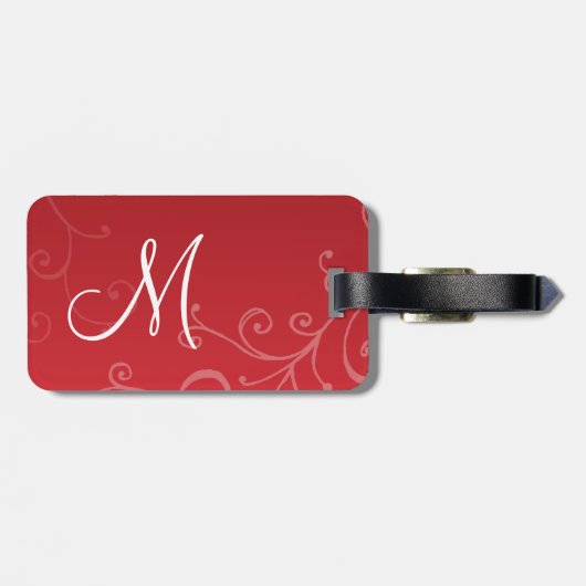 Elegant Swirls Custom Monogram Red Bagagelabel (Achterkant horizontaal)