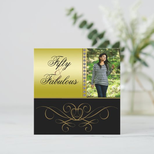 Elegant Swirls & Diamond Fabulous 50 Photo Women's Kaart (Staand voorkant)