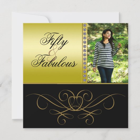 Elegant Swirls & Diamond Fabulous 50 Photo Women's Kaart (Voorkant)