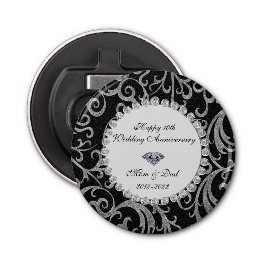 Elegant Swirls Diamonds 10th Wedding Jubileum Button Flesopener (Voorkant)