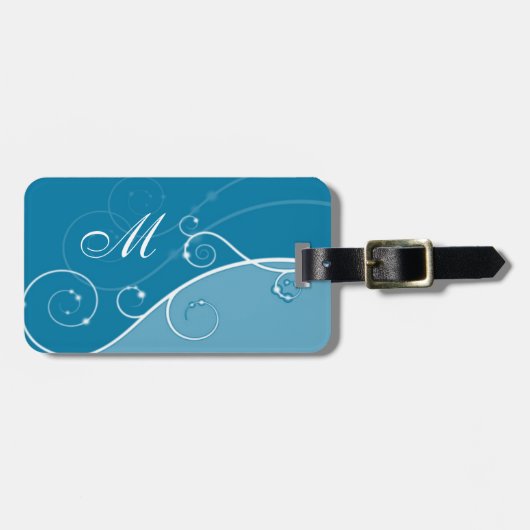 Elegant Swirls Monogrammed Blue Bagagelabel (Voorkant horizontaal)