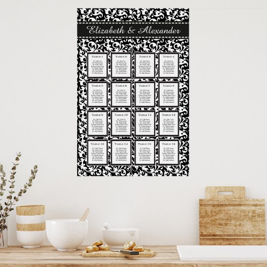 Elegant Swirls Wedding 16 Table Seating Chart Poster (Keuken)