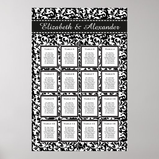 Elegant Swirls Wedding 16 Table Seating Chart Poster (Voorkant)