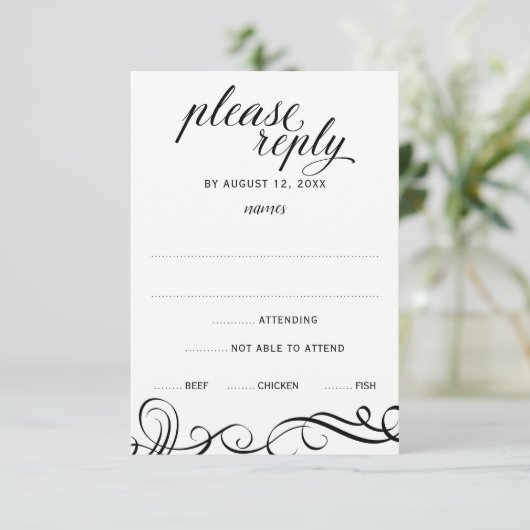 Elegant Swirls Wedding RSVP w/ Meal Choice (zwart) (Staand voorkant)