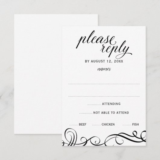 Elegant Swirls Wedding RSVP w/ Meal Choice (zwart) (Voorkant / Achterkant)