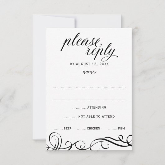 Elegant Swirls Wedding RSVP w/ Meal Choice (zwart) Kaartje (Voorkant)