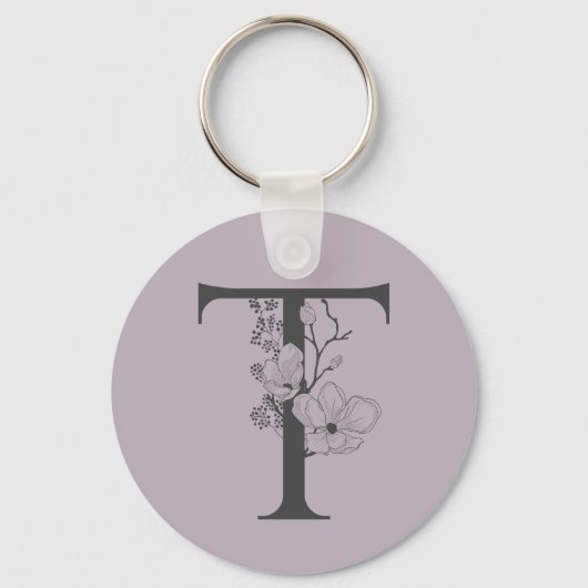 Elegant T Boho Floral Monogram Initiaal Lila grijs Sleutelhanger (Voorkant)