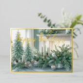 Elegant Tafeldecor Mint Groen Evergreen Folie Feestdagenkaart (Staand Voorkant)