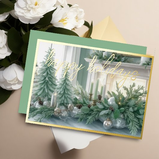Elegant Tafeldecor Mint Groen Evergreen Folie Feestdagenkaart