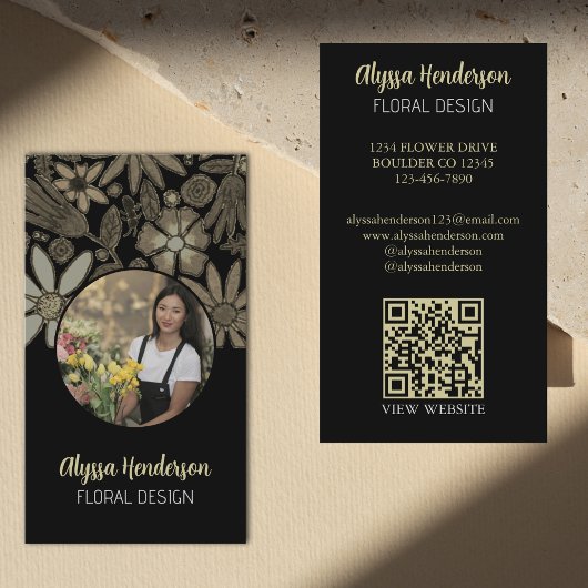 Elegant Tan & Black Floral Photo QR Code Logo Visitekaartje