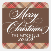 Elegant Tan Brown Tartan Pset Merry Kerstmis Vierkante Sticker (Voorkant)