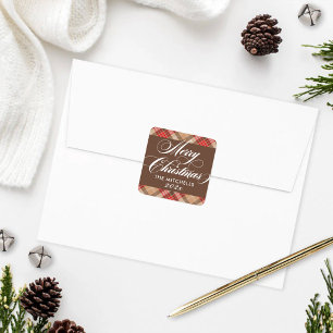 Elegant Tan Brown Tartan Pset Merry Kerstmis Vierkante Sticker