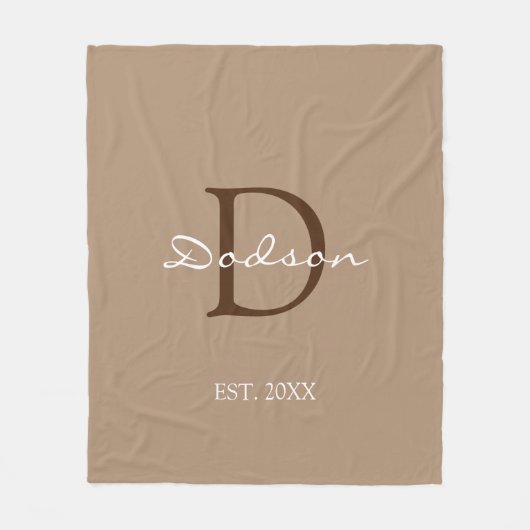 Elegant Tan Brown White Script Monogram Naam Fleece Deken (Voorkant)