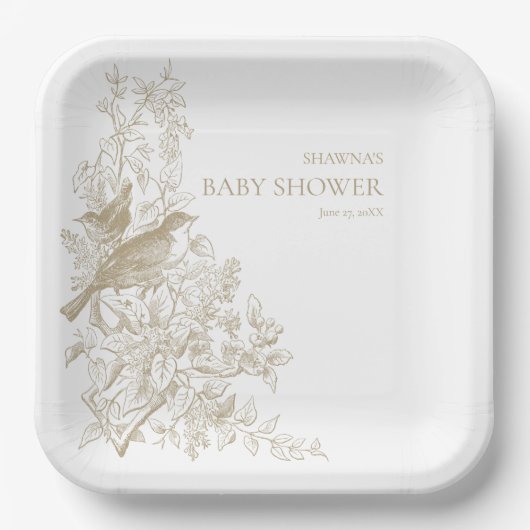 Elegant Tan Chinoiserie Natuur Vogels Baby shower Papieren Bordje (Voorkant)
