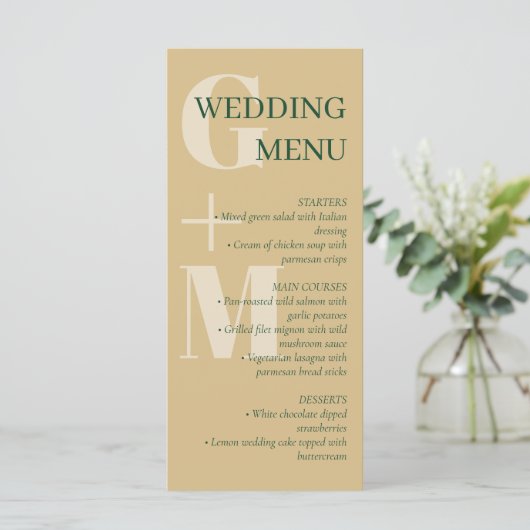 Elegant Tan & Green Typography Wedding Menu (Staand voorkant)