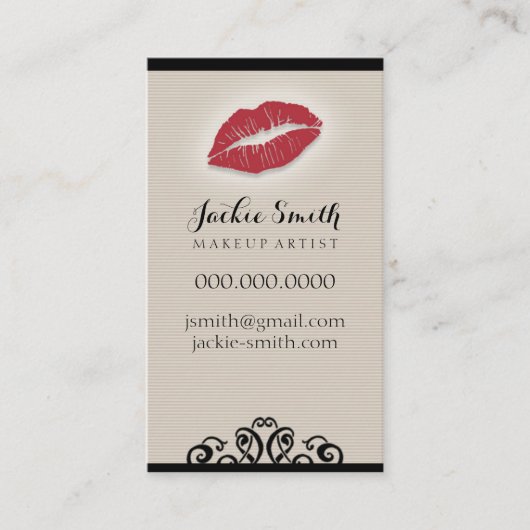 Elegant Tan Pin Stripes Lips / Lipstick Makeup Art Visitekaartje (Voorkant)