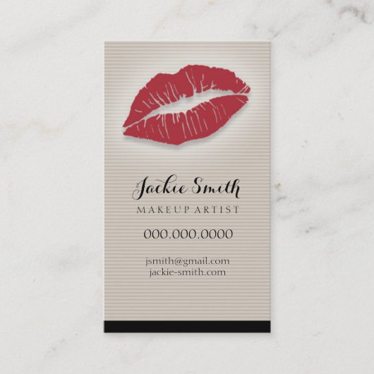 Elegant Tan Pin Stripes met Rode Lips Visitekaartje (Voorkant)