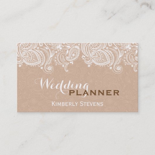 Elegant Tan & Wit Bloemen Paisley Kant Visitekaartje (Voorkant)