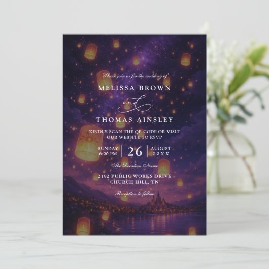 Elegant Tangled Lanterns Budget QR Code Wedding Kaart (Staand voorkant)