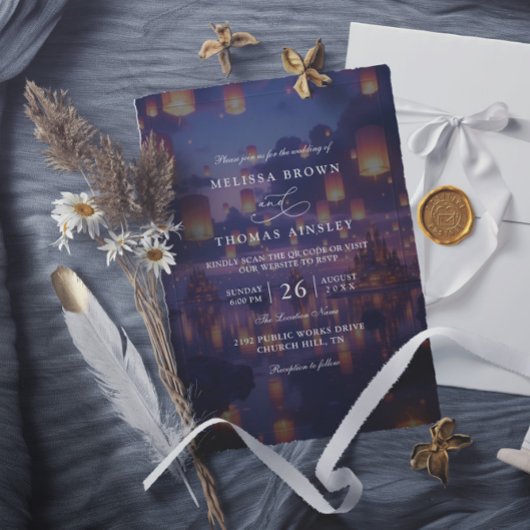 Elegant Tangled Lanterns Budget QR Code Wedding Kaart