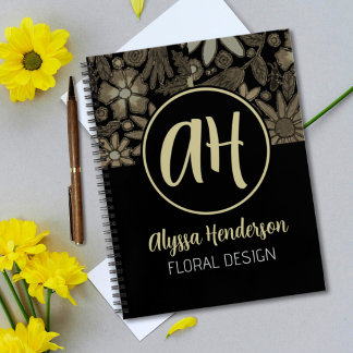 Elegant Tannenkleurig & Zwart Bloemmotief Bloemist Notitieboek
