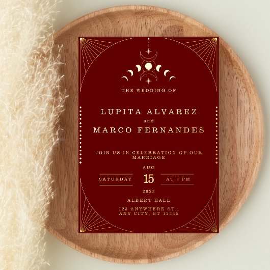 Elegant Tarot Gold Red Maroon Wedding real Folie Uitnodiging
