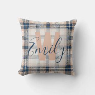 Elegant Tartan Blue Cream Monogram Kussen