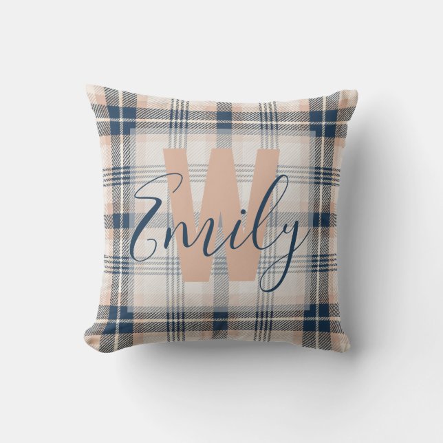 Elegant Tartan Blue Cream Monogram Kussen (Voorkant)