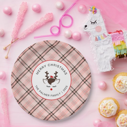 Elegant Tartan Plaid & Reindeer Christmas Family Papieren Bordje (Feest)