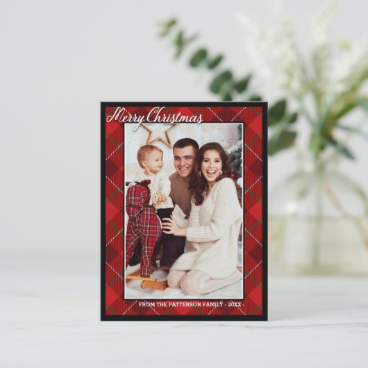 Elegant Tartan Style Merry-kerstfamilie Foto Briefkaart (Staand voorkant)